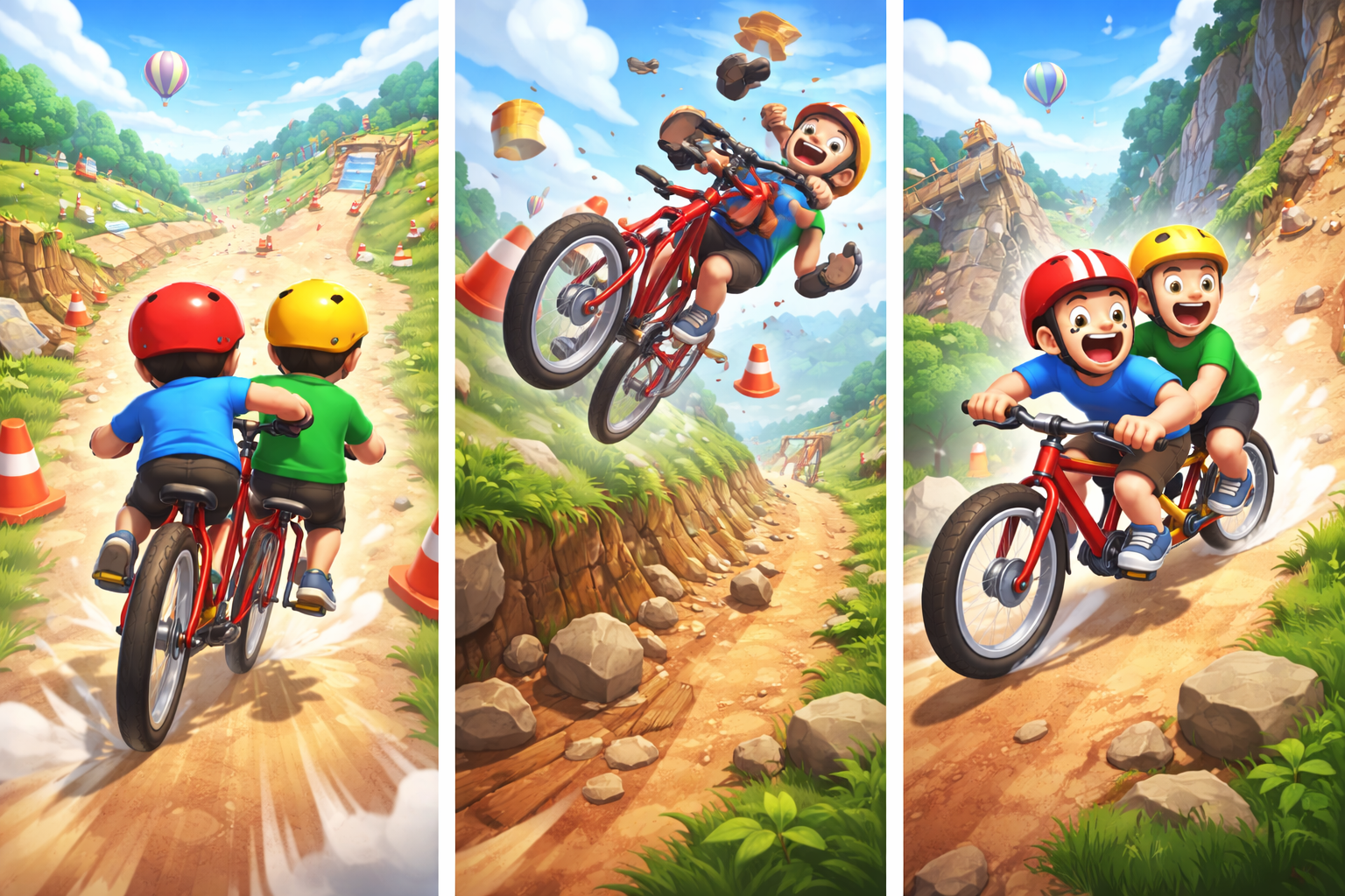 Tandemonium gameplay — dodging cones, catching air, racing downhill